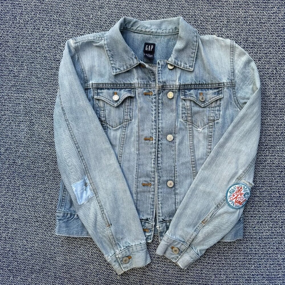 GAP Womens Medium Light Wash Denim Jacket With Custom Patches & Distressed Detai